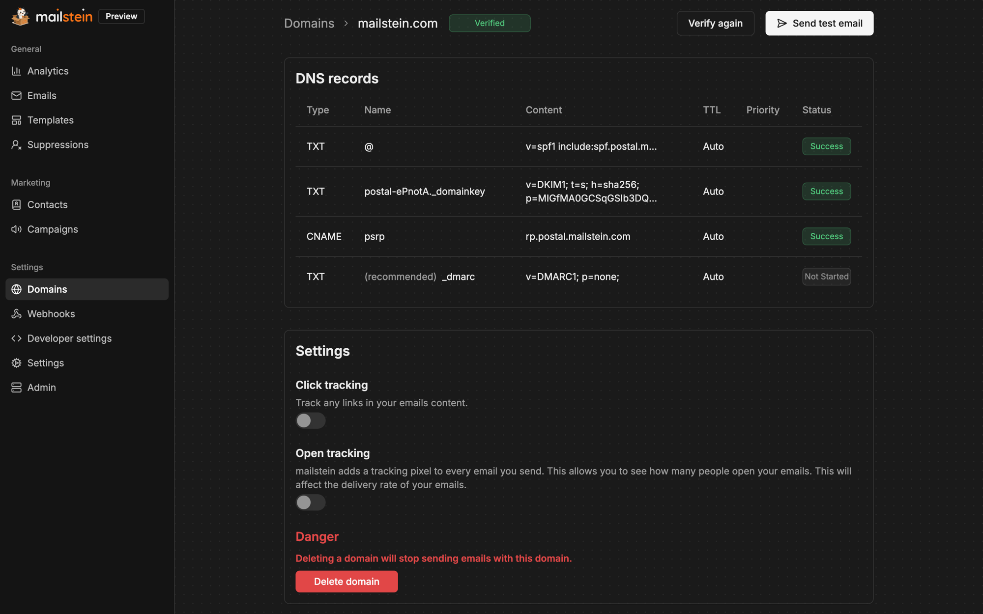Domain DNS verification screen